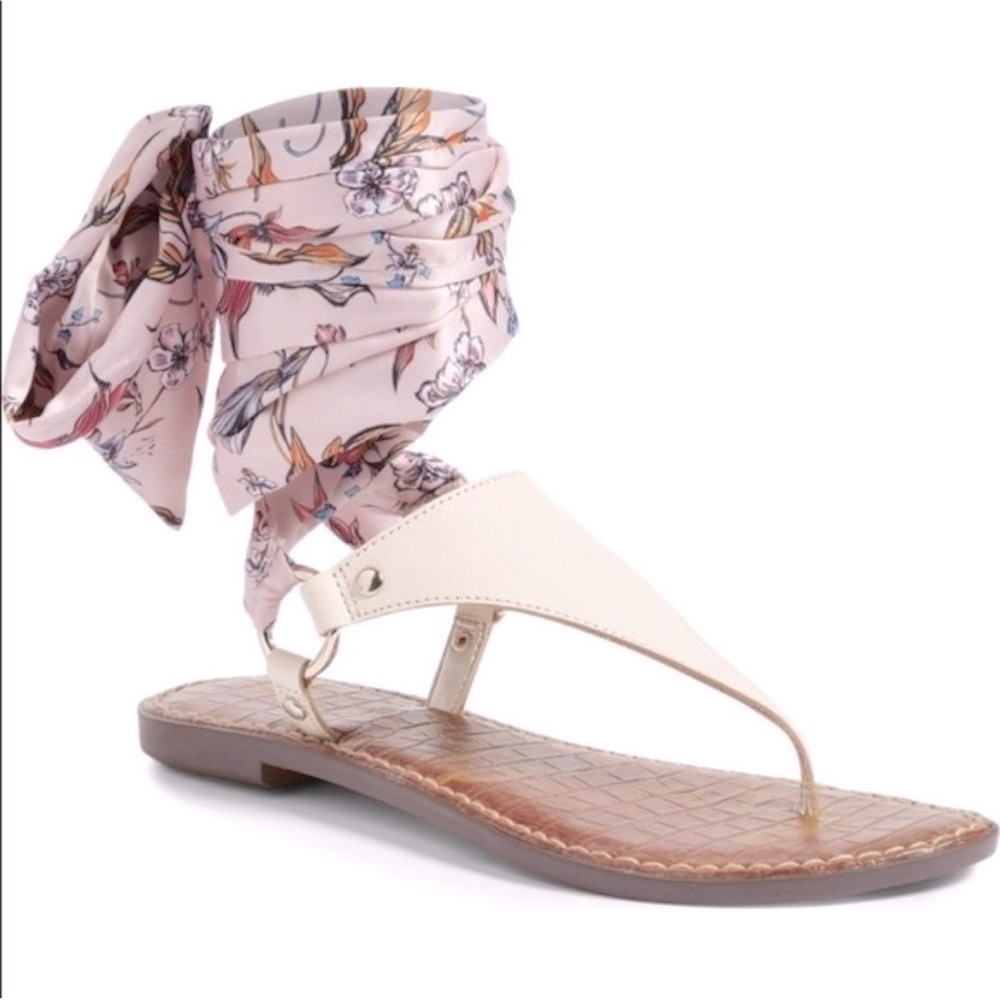 Sam Edelman Giliana Silk Ankle Wrap Leather Thong Sandal White & Pink, size 8